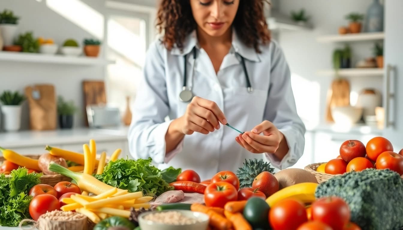 Nutrition expert showcasing fresh ingredients for an effective Weight Loss Diet in a bright kitchen.