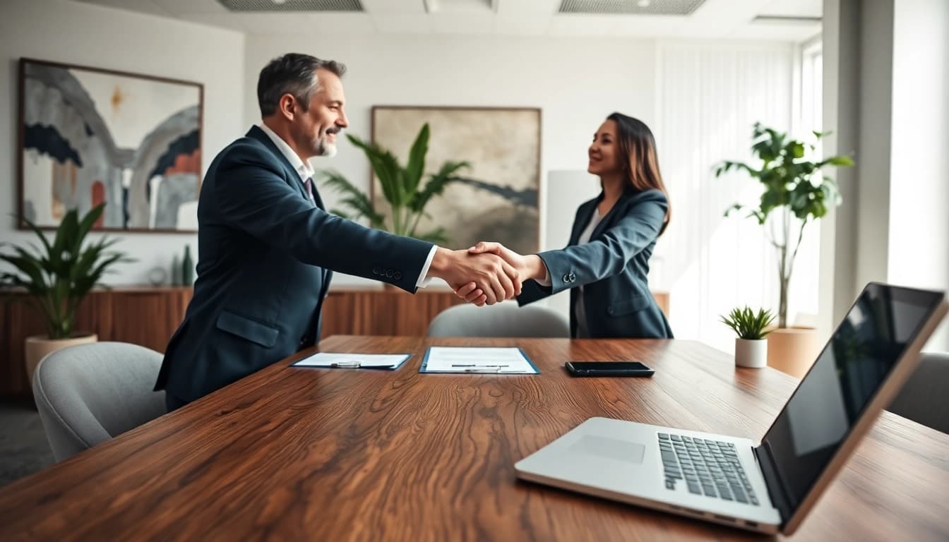 Engaging escrow services transaction visualizing collaboration in a professional setting.