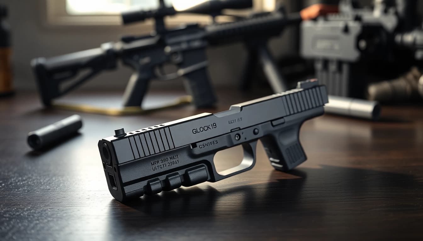 Showcase of a glock 19 gen 5 slide highlighting its intricate engravings and quality.