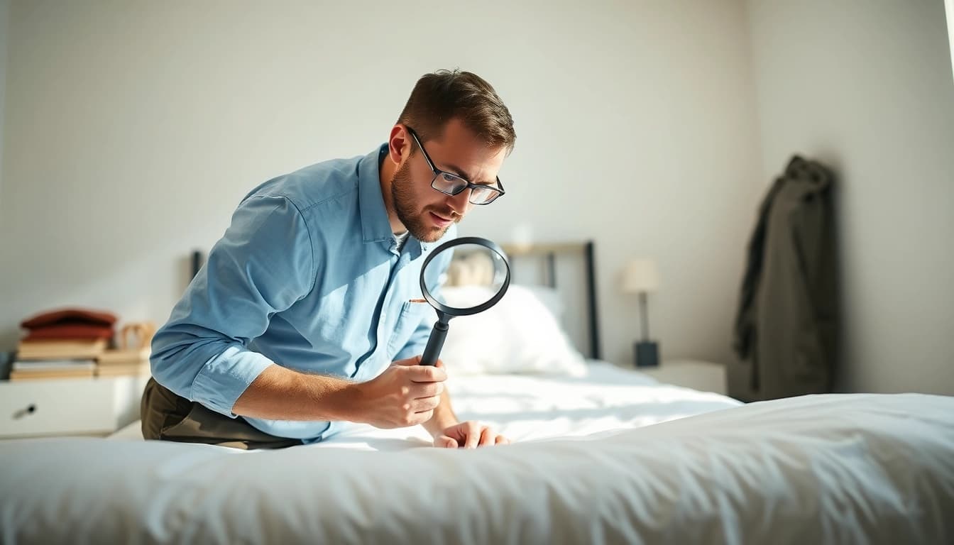 Engaging scene of pest control expert conducting bed bug control in a bedroom.