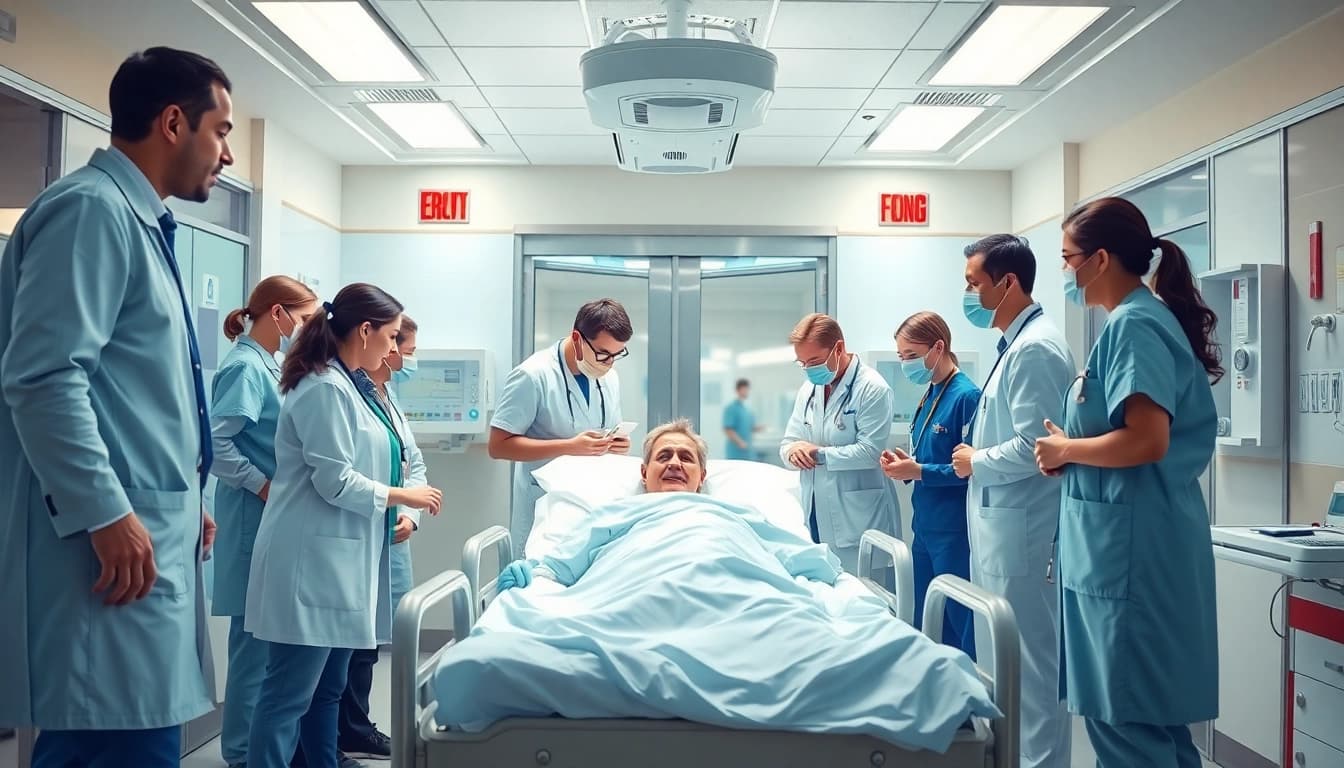 Healthcare professionals actively providing Emergency Hospital Services in a busy emergency room setting.