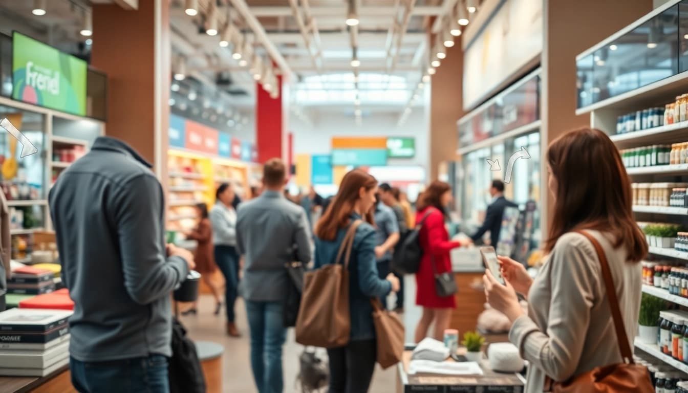 Illustration of retail footfall analytics showing customer flow and engagement in a store environment.
