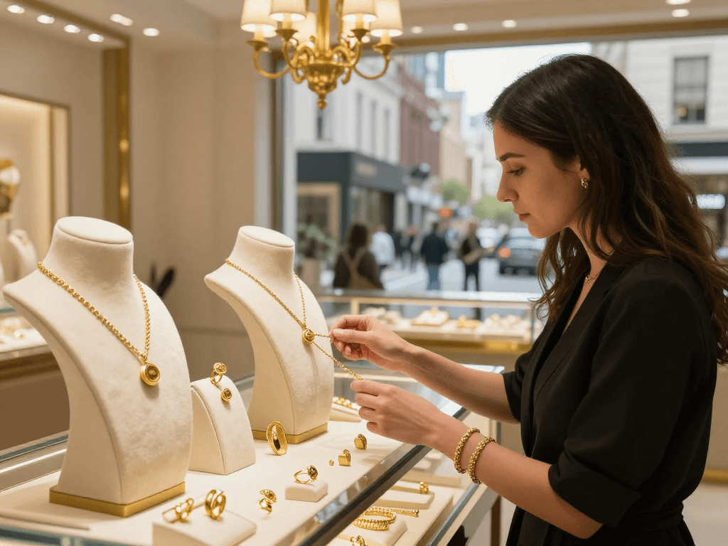 mantra88 login for gold jewelry purchase in a luxury store, showcasing elegant 24K pieces