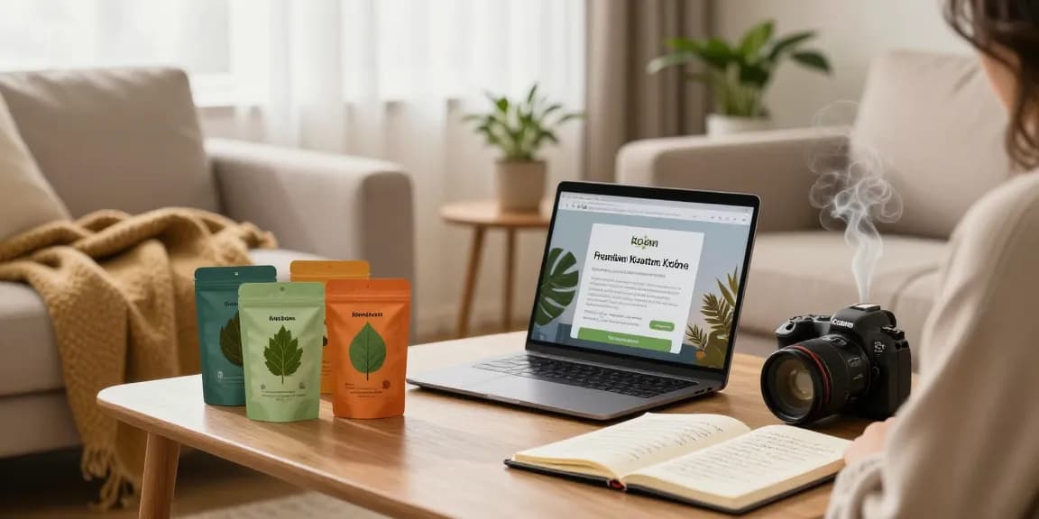 Explore premium kratom brands in a cozy home setting, showcasing relaxing lifestyle.