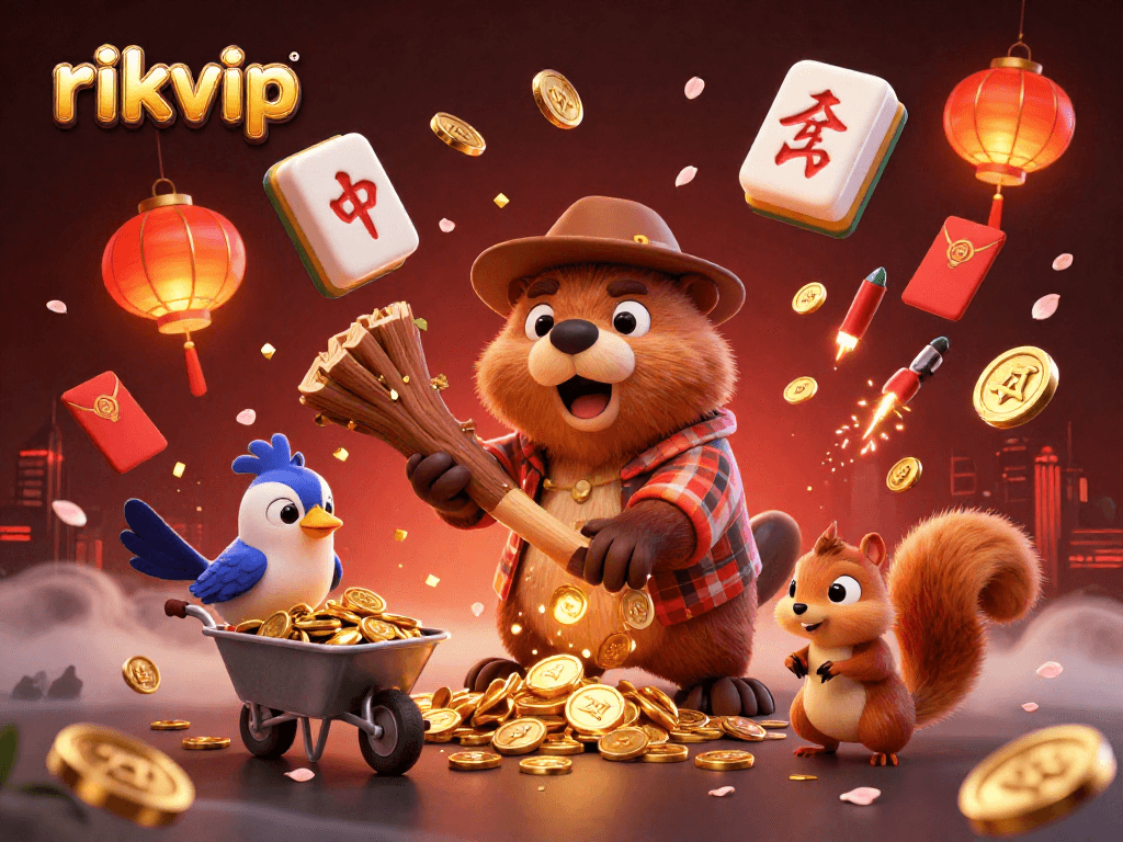 Experience rikvip excitement as a cartoon beaver chops a tree raining golden coins in a vibrant casino scene.