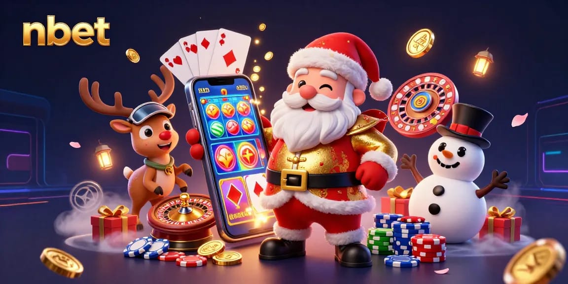 Experience the excitement of nbet with Santa and friends at a vibrant casino scene.