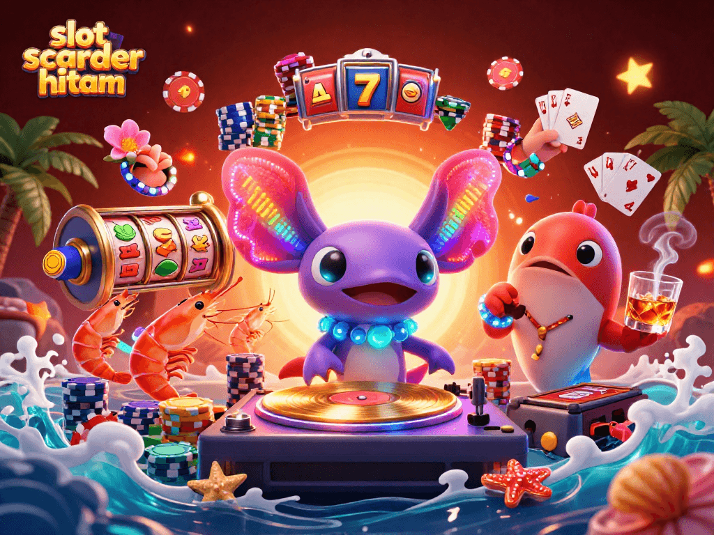 Win with slot scatter hitam in a vibrant 3D casino scene featuring lively characters and dynamic game elements.