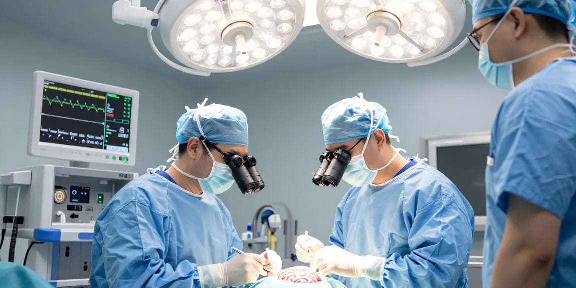 Beyin ameliyatı in a modern operating room showcasing a neurosurgeon performing surgery with high-tech equipment.