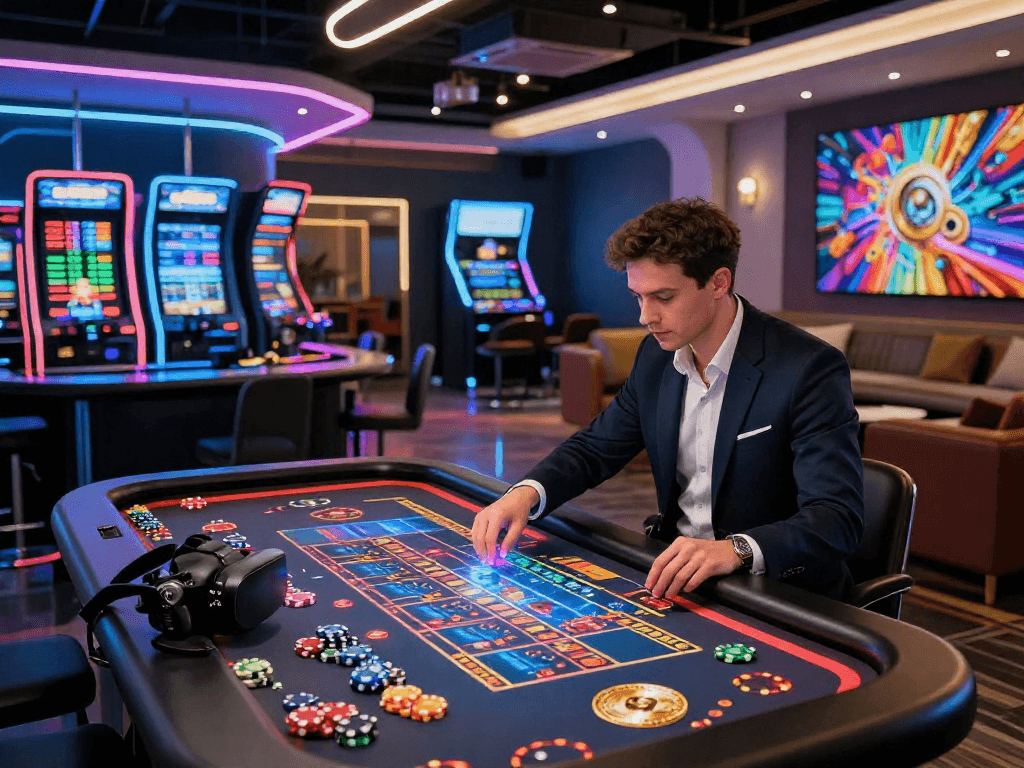 Engaging crypto casino atmosphere featuring players at digital roulette with holographic data.