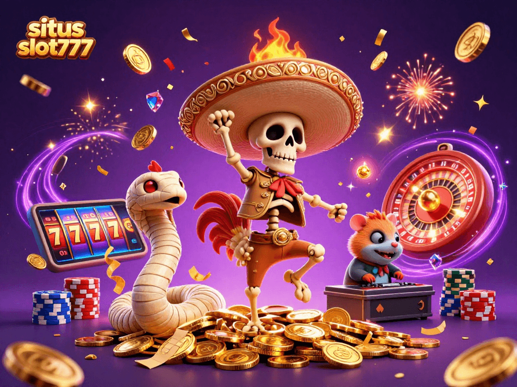 Engage with situs slot777 featuring a festive scene of a dancing mariachi rooster amid cascading coins and winning slot reels.