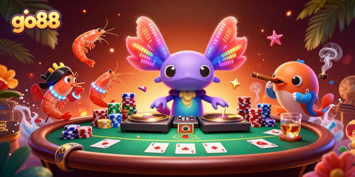 Enjoying a lively go88 poker game with a neon axolotl DJ, vibrant shrimp dancers, and exciting casino elements.