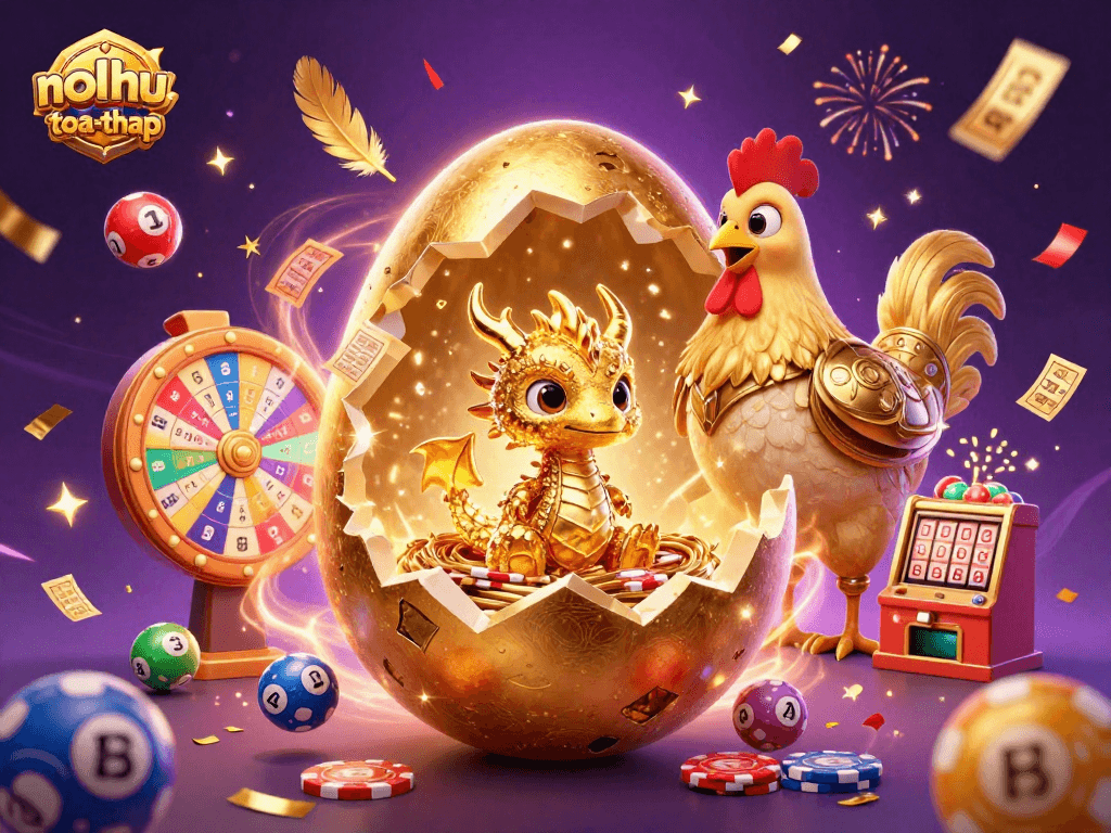 Nest of poker chips with golden egg and dragon creates excitement in nohu-toa-thap casino game.