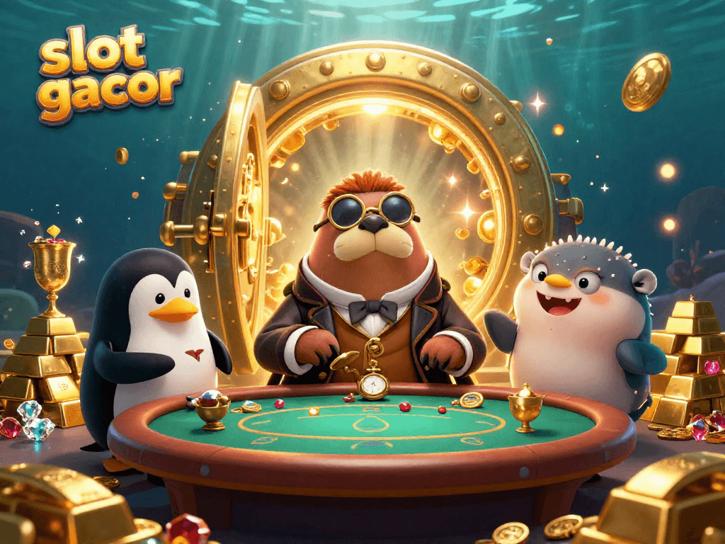 Experience the excitement of slot thailand gacor with a jolly walrus and friends at an underwater casino table.