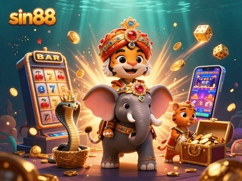 Experience the rich world of sin88 with a vibrant scene featuring a maharaja riding an elephant among jackpot symbols and casino elements.