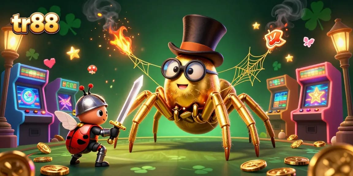 Spin the reels at tr88 with an enchanting golden tarantula weaving a web of luck in a vibrant casino.
