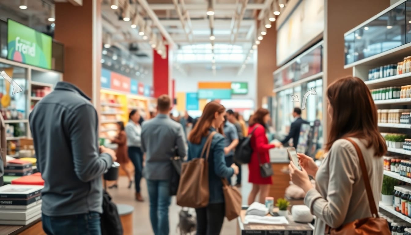 Illustration of retail footfall analytics showing customer flow and engagement in a store environment.