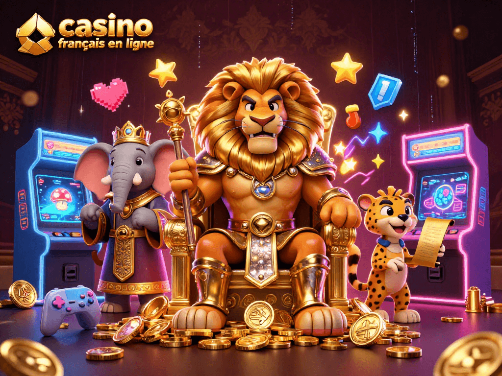 Illustration vibrante d'un casino français en ligne, combinant des éléments de jeux et de casino avec des personnages colorés.