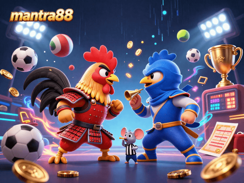 Experience thrilling action at mantra88 with colorful cartoon fighting roosters and dynamic sports elements.