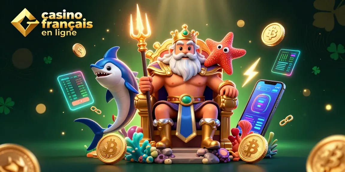 Découvrez l'univers du casino francais en ligne avec cette illustration captivante montrant Neptune entouré d'éléments de jeu.
