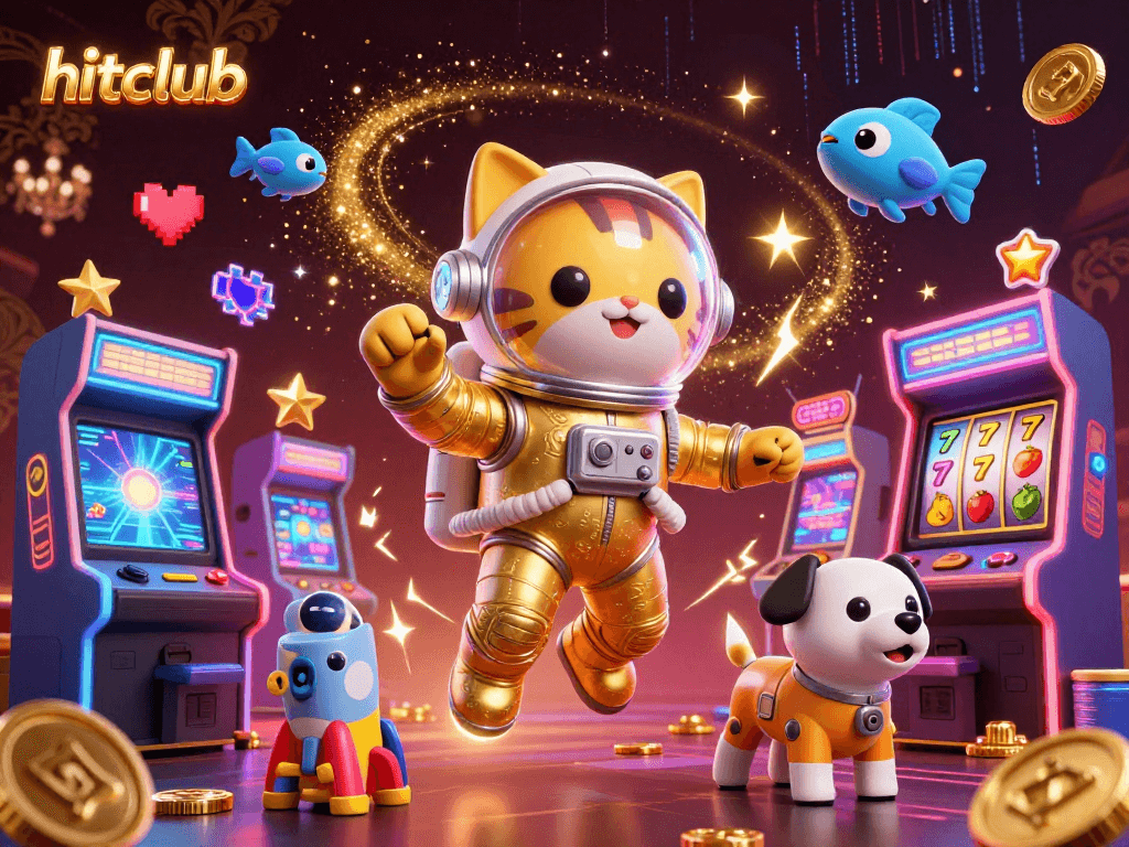 Join the hitclub digital gaming scene with a whimsical astronaut cat and a robot dog amidst dazzling casino elements.