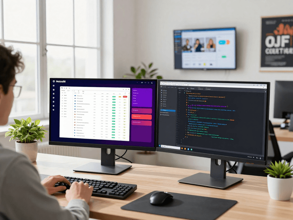 Logging into mantra88 platform on dual monitors in a modern office