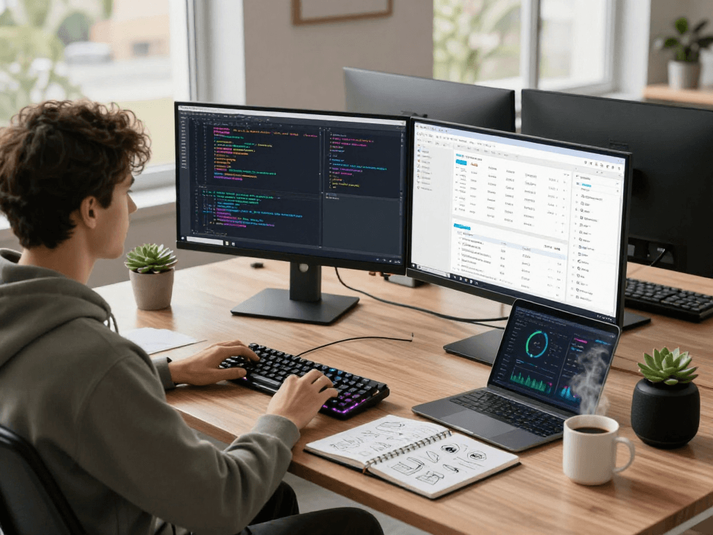 Engineer working on net88 software in a modern tech workspace with multiple monitors and dynamic lighting.