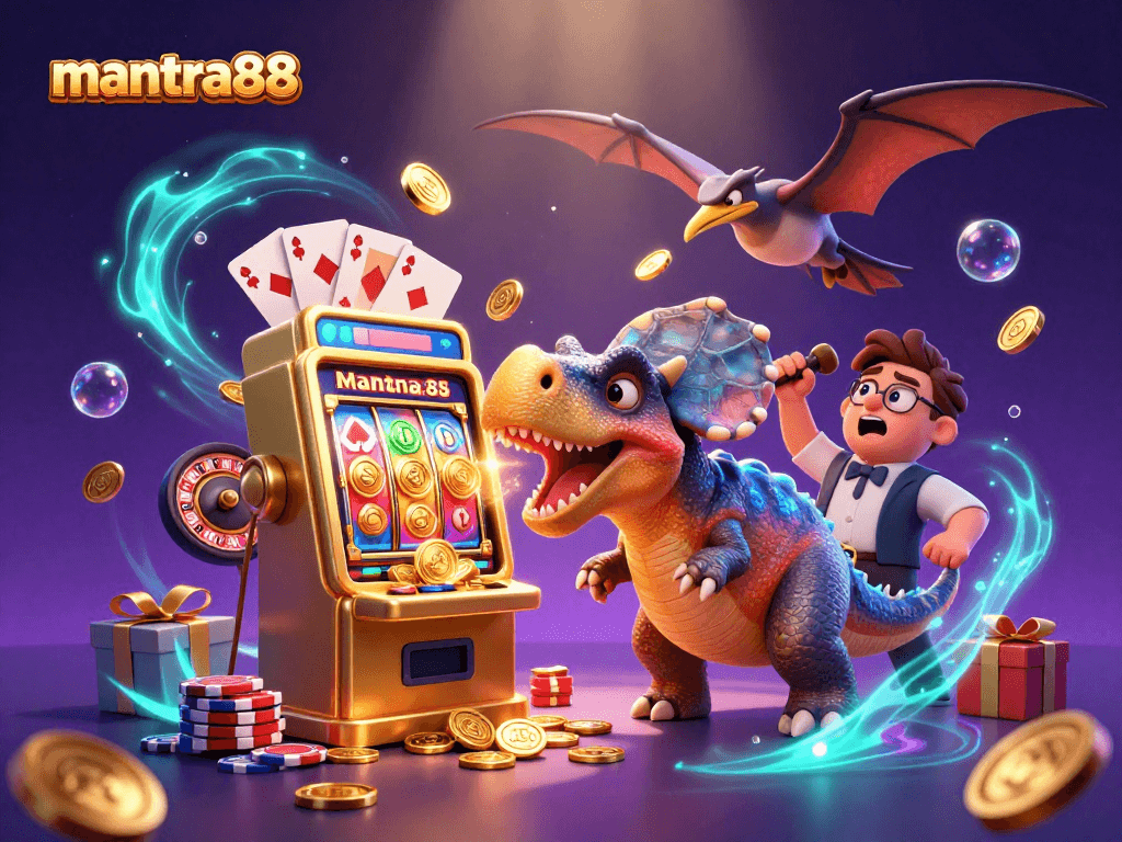 Win jackpots at mantra88 with vibrant 3D cosmic casino illustration including exciting slot games