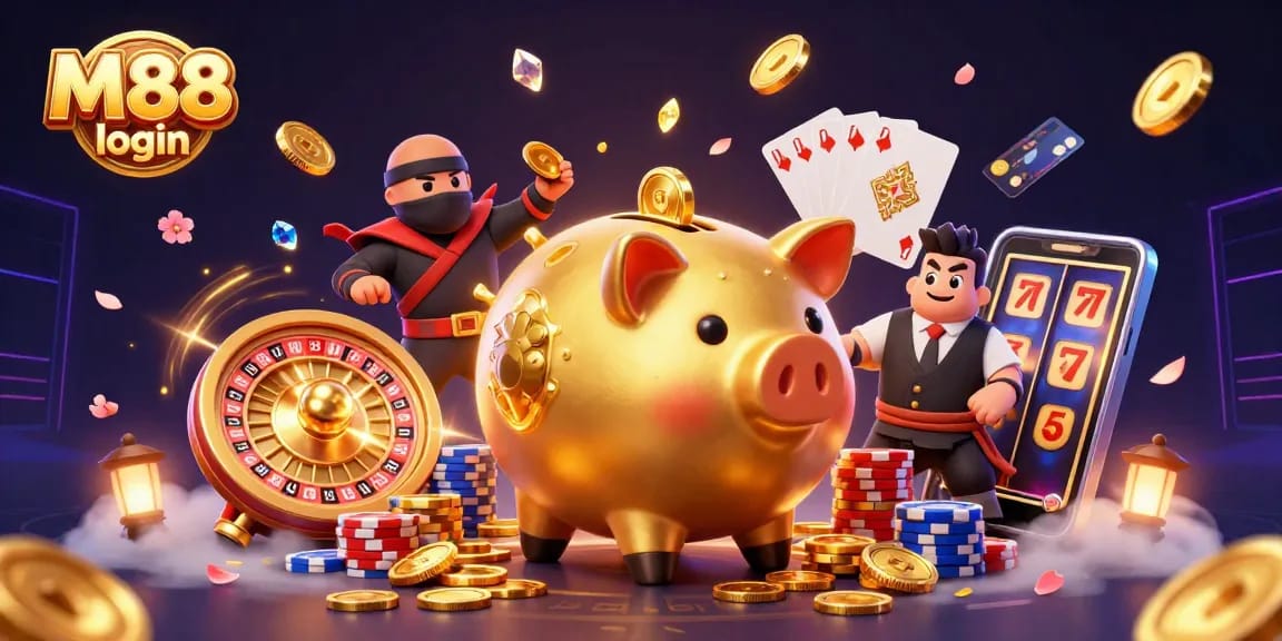 Experience M88 login with vibrant characters and casino elements in this dynamic illustration.
