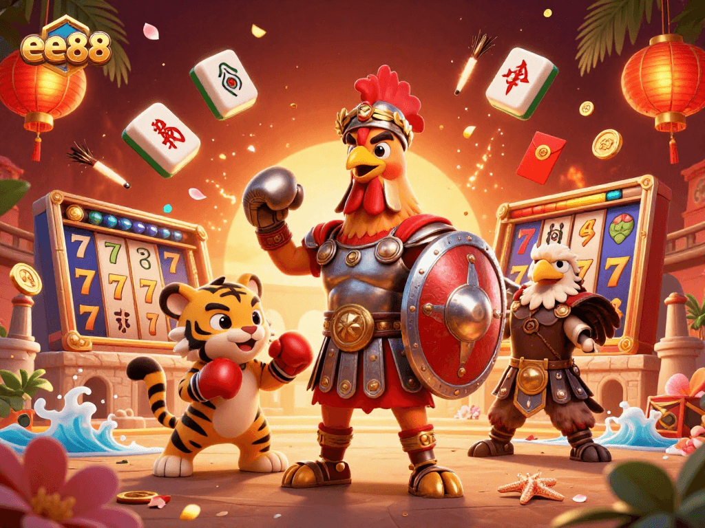 Engage in thrilling adventures at ee88: our 3D casino illustration captures vibrant slot action and lively characters.