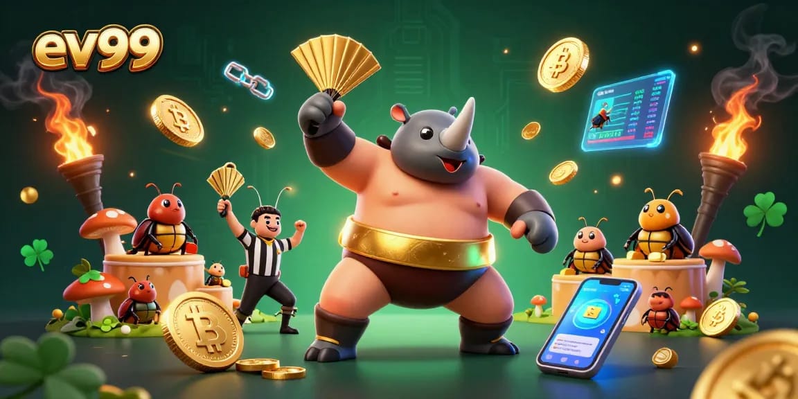 ev99 champions a thrilling crypto casino, featuring a sumo beetle and crypto coins in action.