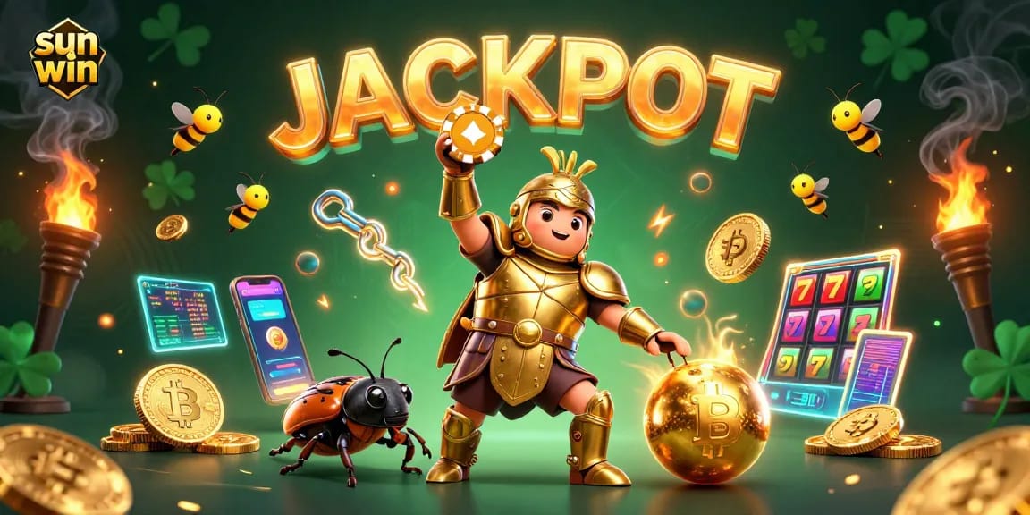 Experience thrilling wins at sun win slots with a captivating 3D scene featuring unique characters and crypto elements.