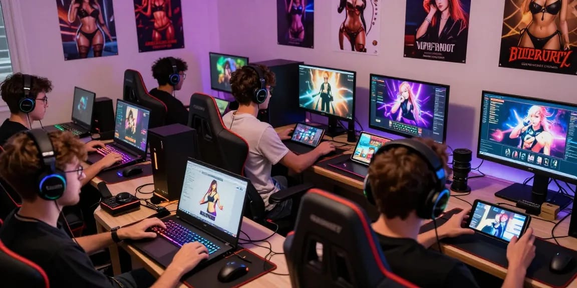 Players enjoying immersive sex games on various devices in a lively gaming environment