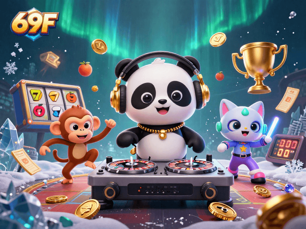 Entre no mundo do jogo com 69F, um panda DJ vibrante rodeado de símbolos de caça-níqueis e diversão.