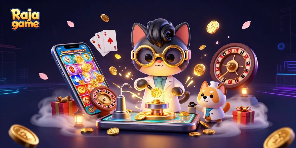 Experience the thrills of Raja game with colorful slot spins and dynamic gameplay in this vibrant digital illustration.