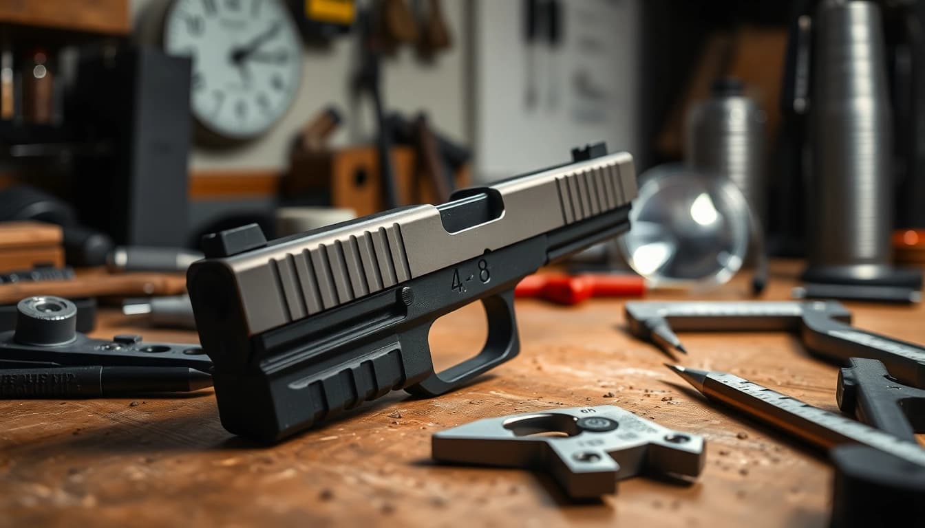 Showcase Glock 48 complete slide with its detailed components in a professional workshop.