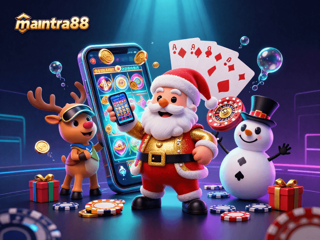 Win big with mantra88's slots and games, featuring Santa with jackpot smartphone and festive companions.