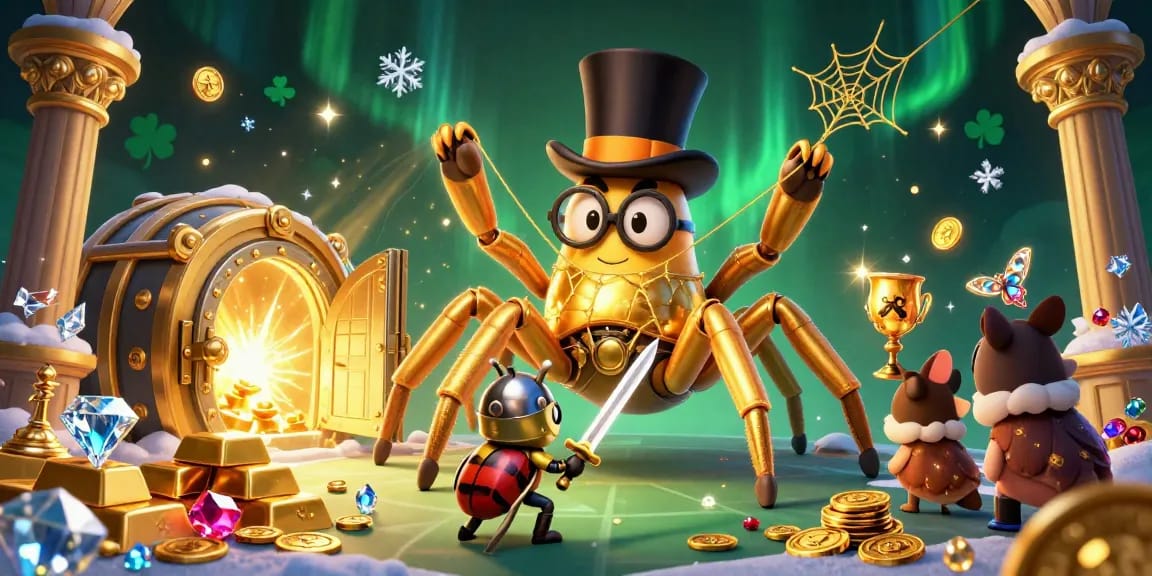 Kuatoke captures the vibrant casino energy with a golden tarantula and knight in action.