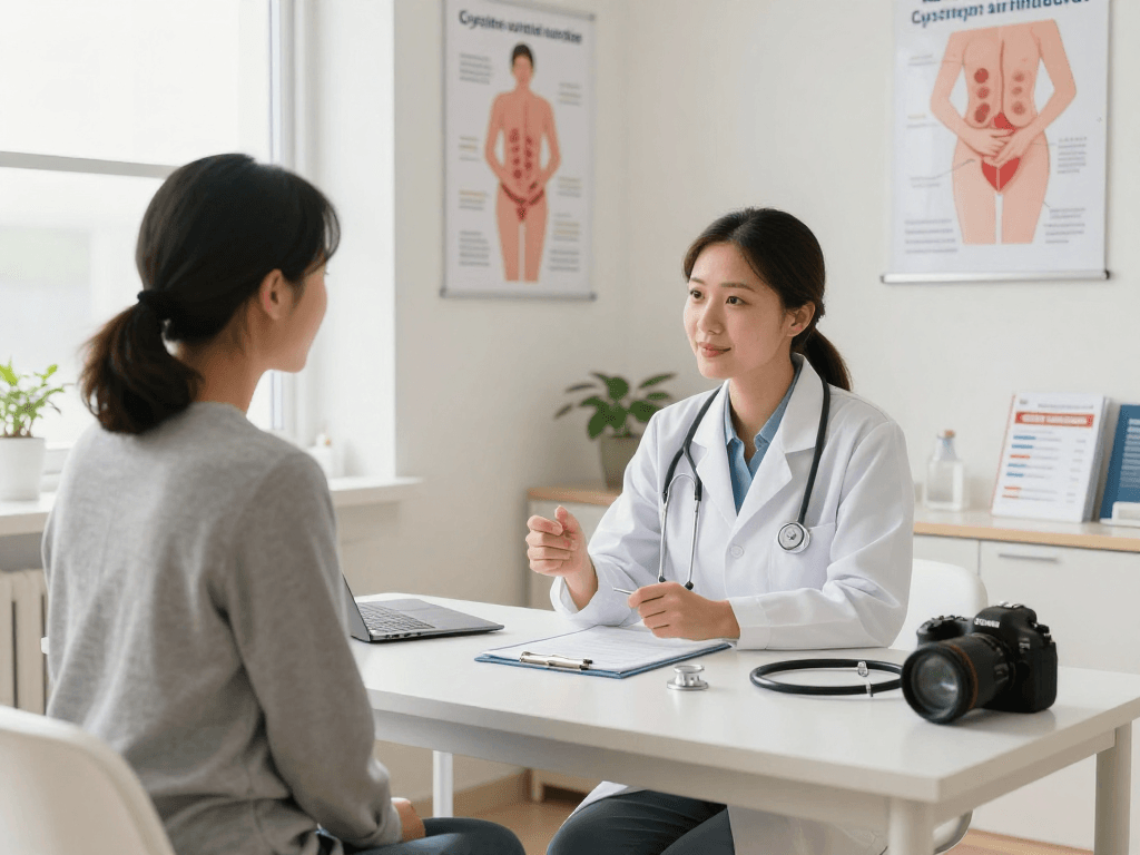 Consultation sur la cystite ou infection urinaire dans un bureau médical lumineux.
