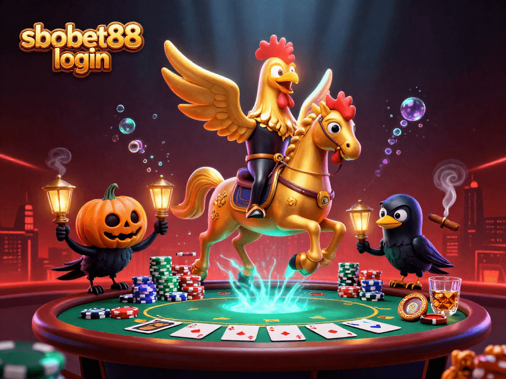 Bet on sbobet88 login with golden rooster character in a vibrant casino illustration.