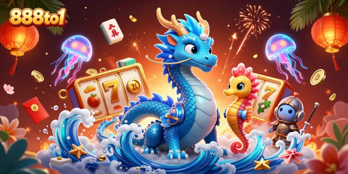 Experience the excitement of 888to1 with a vibrant illustration featuring a water dragon, treasure reels, and festive symbols.