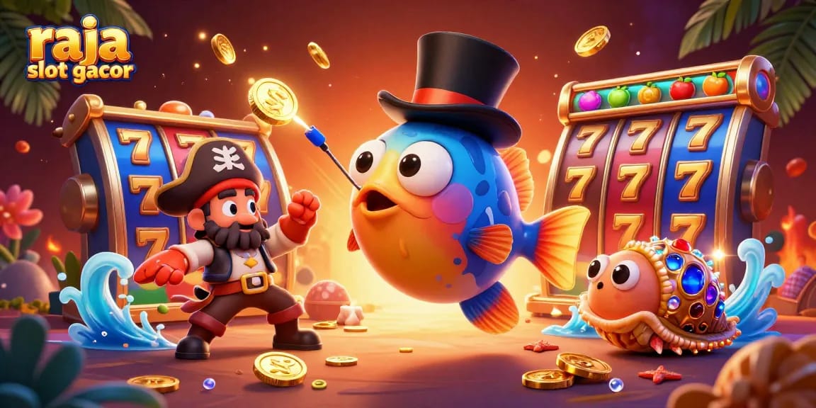 Experience the excitement at raja slot gacor with a dynamic scene featuring vibrant slot reels and engaging characters.