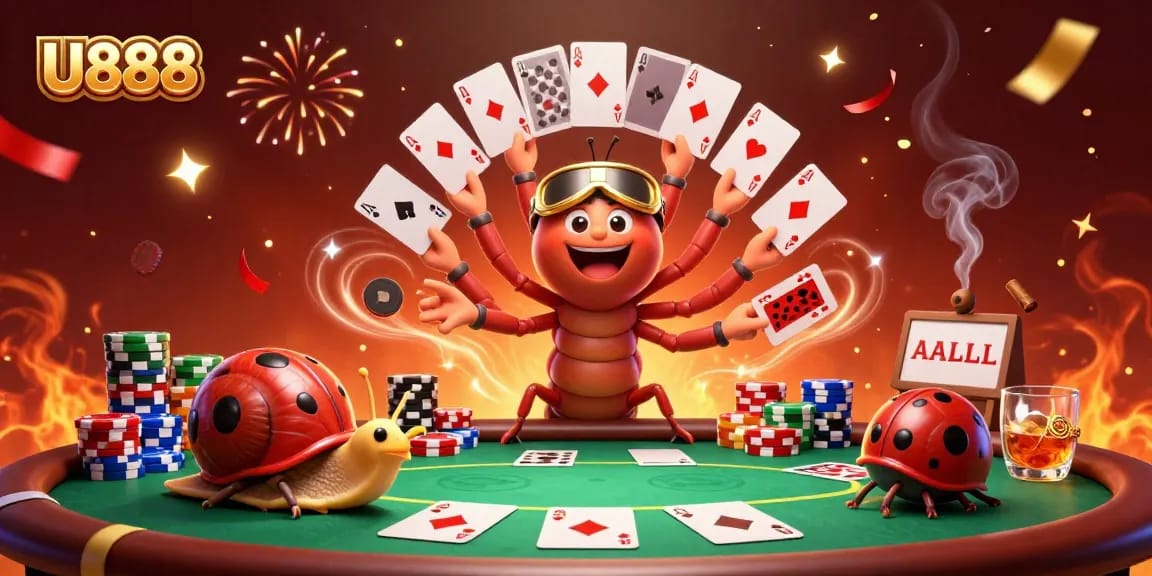 Experience the excitement of U888 with a dynamic, multi-character casino scene.