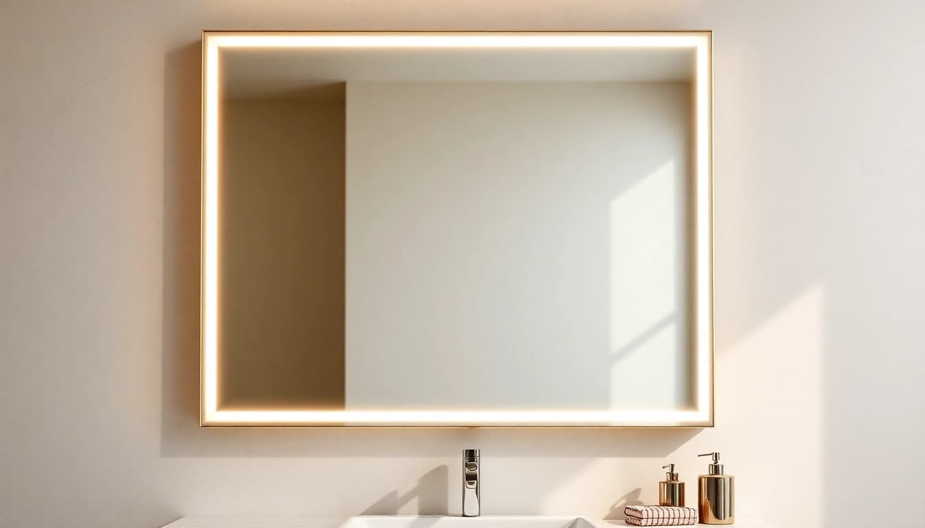 Elegant led bathroom mirror reflecting soft light above a modern vanity setup.