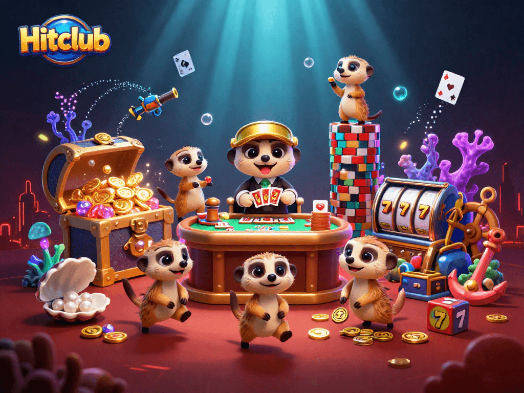 Hitclub casino excitement with meerkats dealing cards and treasures in a vibrant underwater scene