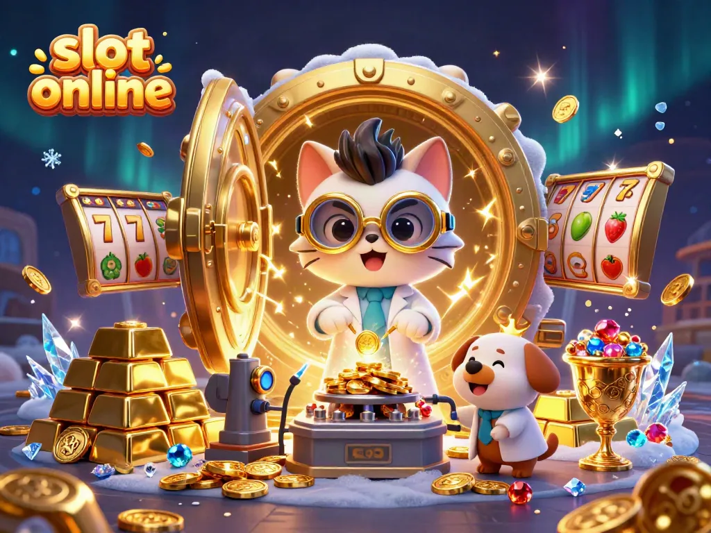 Engage with slot online fun through a vibrant 3D scene featuring a mad scientist cat and a lab assistant dog in a treasure-filled casino.