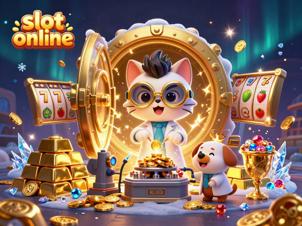 Engage with slot online fun through a vibrant 3D scene featuring a mad scientist cat and a lab assistant dog in a treasure-filled casino.