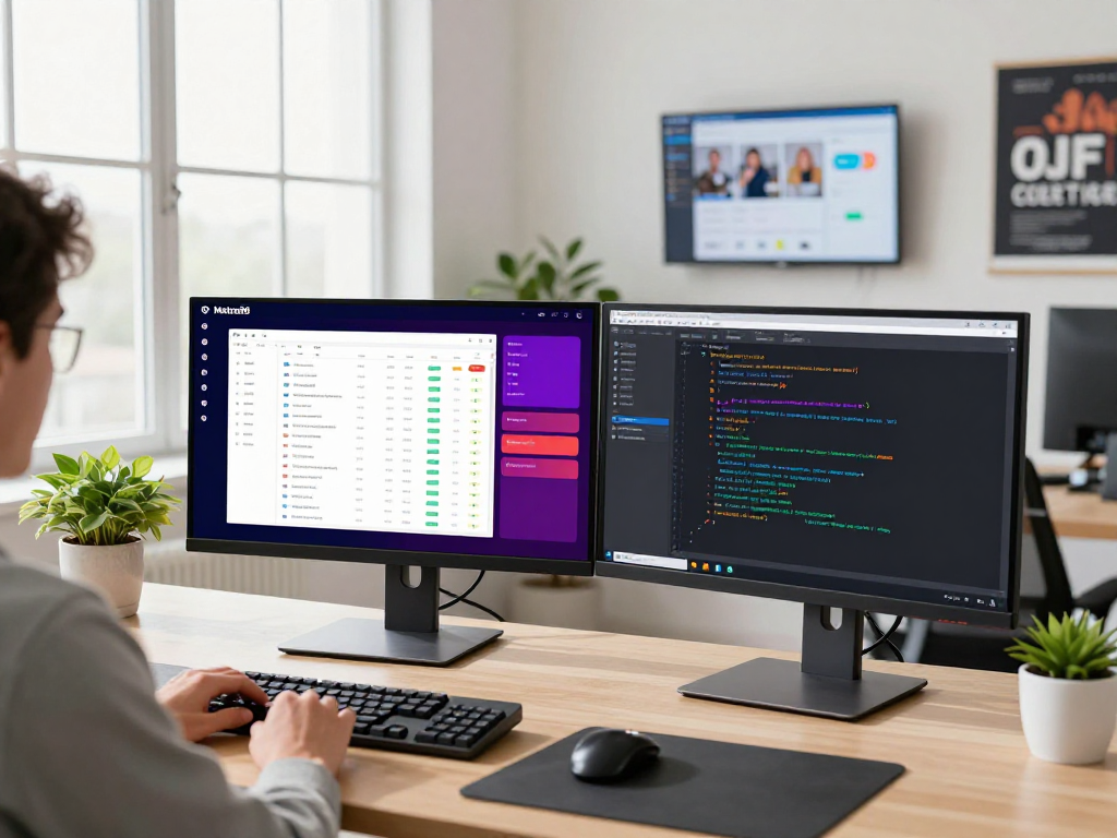 Logging into mantra88 platform on dual monitors in a modern office