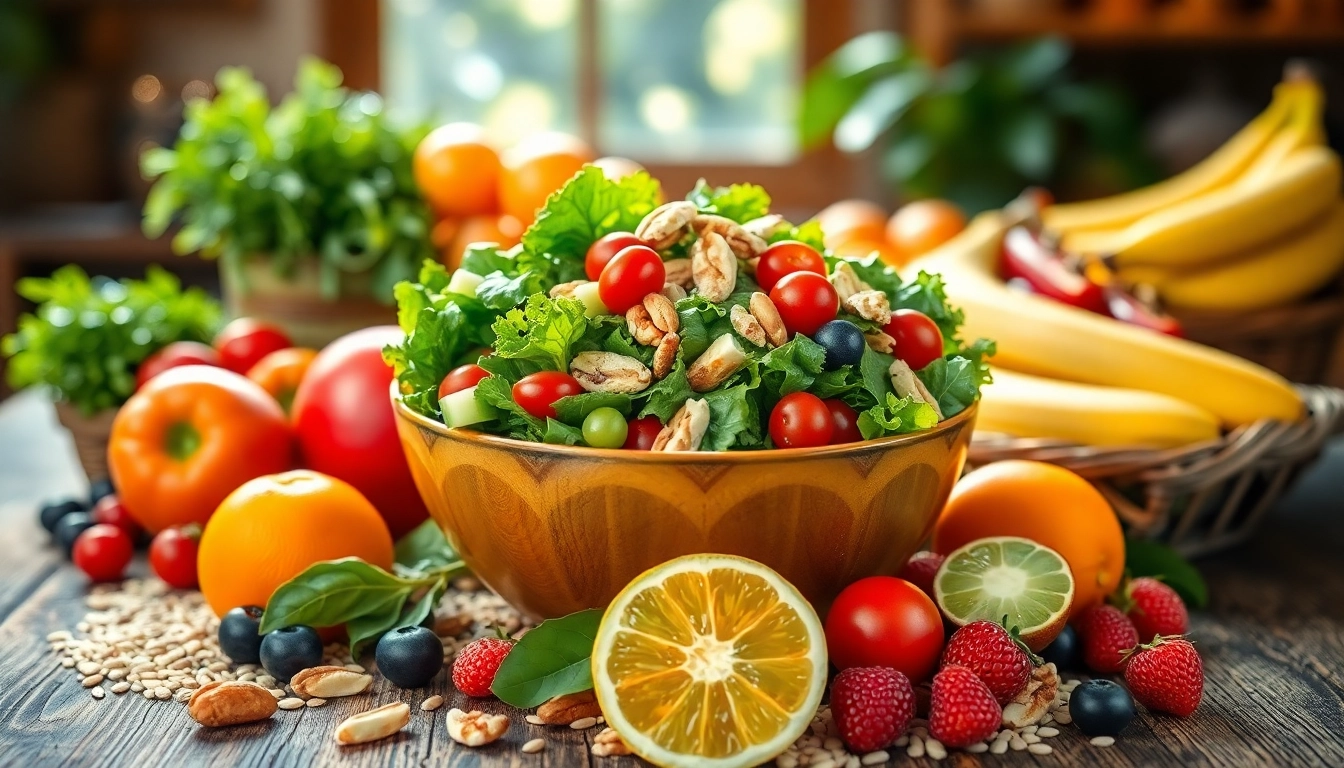 Engaging display of Healthy Eating Habits showcasing a colorful salad bowl with fresh fruits and vegetables.
