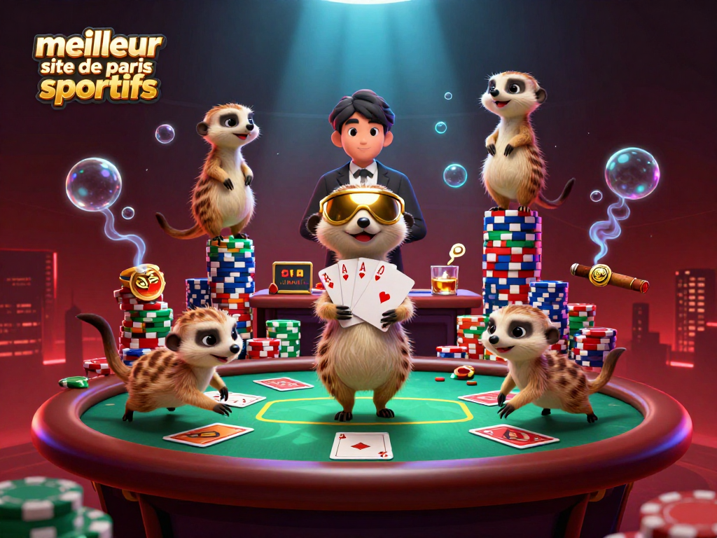 Visualisez le meilleur site de paris sportifs avec des meerkats gérant des jeux de casino complexes dans cette scène dynamique.