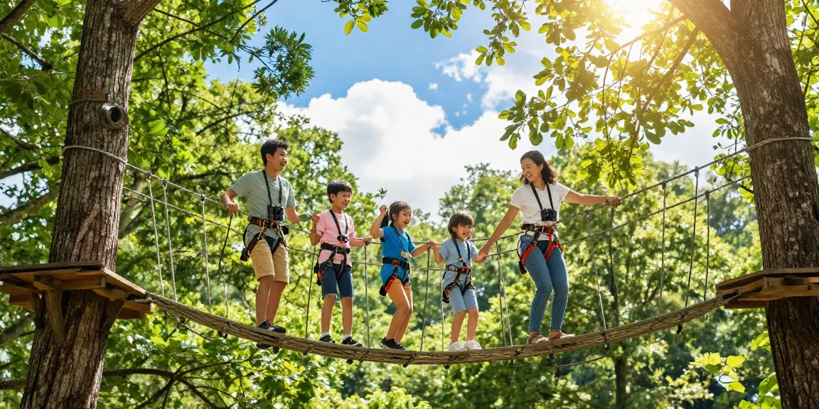 Family crossing a rope bridge design in a scenic forest, enjoying outdoor adventure together.
